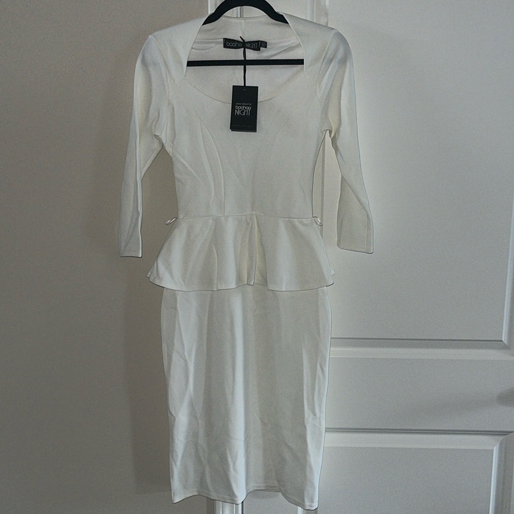 White Long Sleeve, Peplum Midi Dress, US 6